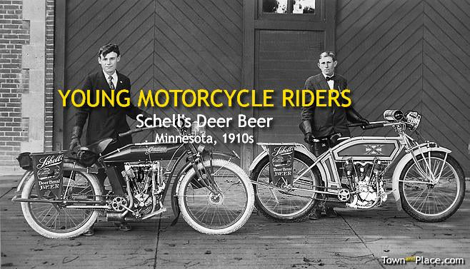 YOUNG MOTORCYCLE RIDERS, SCHELL'S DEER BEER, Minnesota c1913